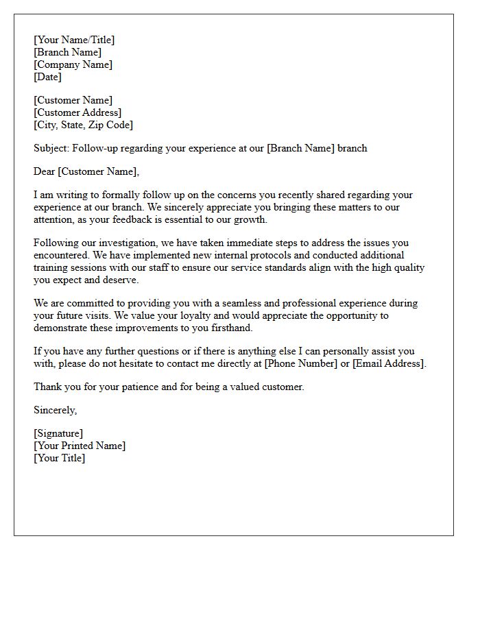 Follow-Up Letter Assuring Improved Future Branch Service Standards
