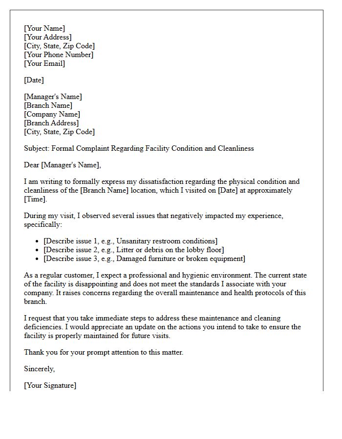Letter Addressing Poor Branch Facility and Cleanliness Complaints