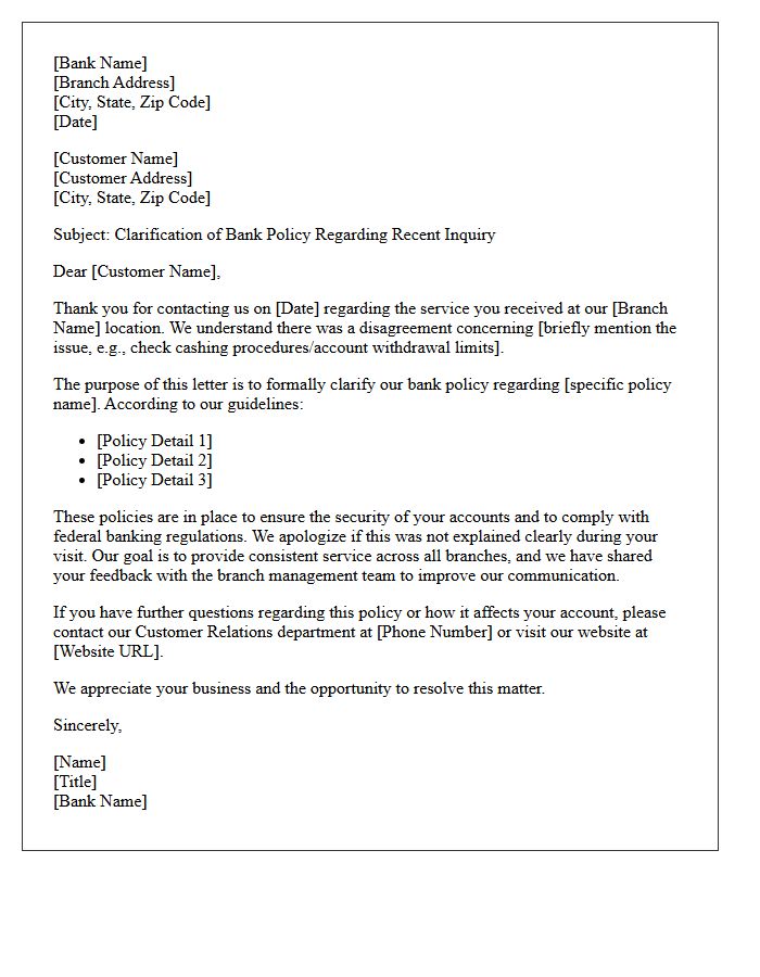 Letter Clarifying Bank Policy Following a Branch Service Dispute