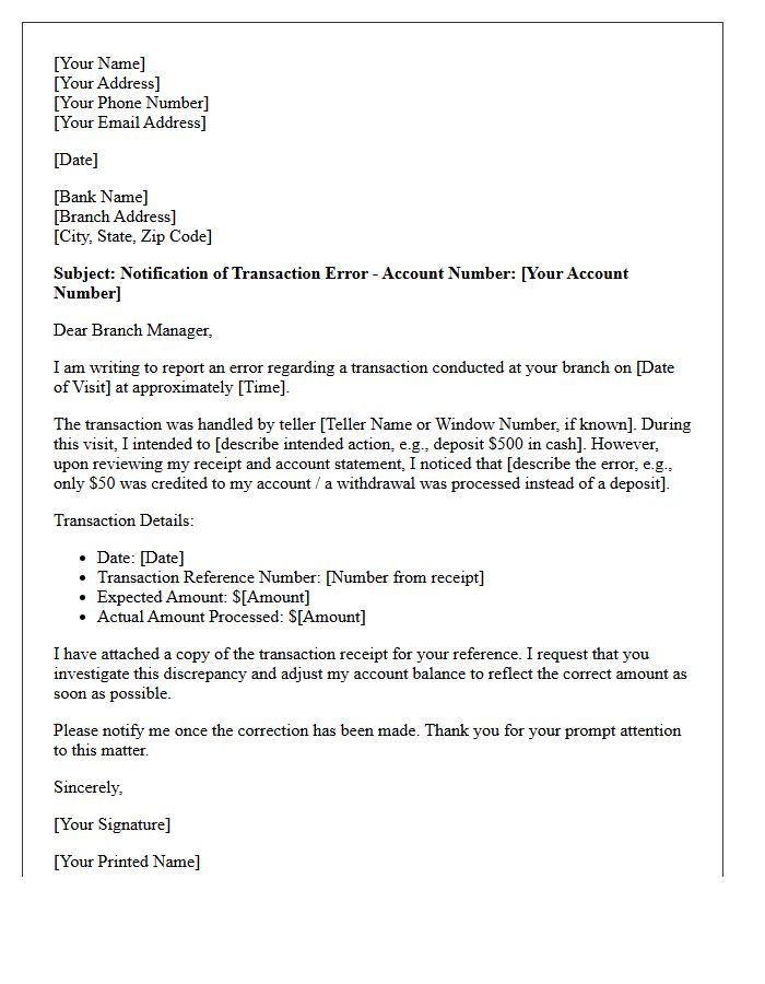 Letter Rectifying Teller Transaction Error During Recent Branch Visit