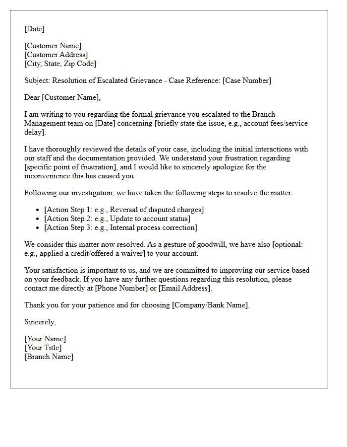 Letter Resolving Escalated Branch Management Customer Grievance