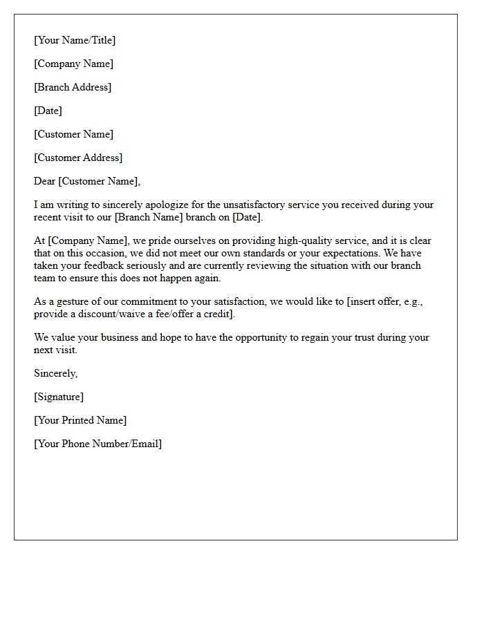 Standard Apology Letter for Unsatisfactory Branch Customer Service
