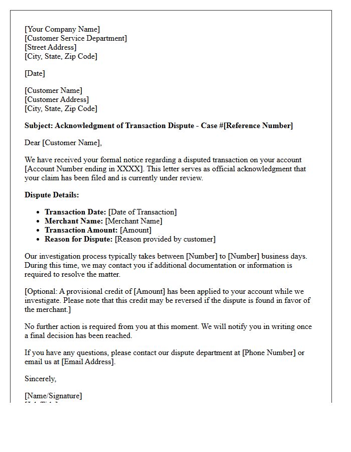 Acknowledgment Letter for Disputed Transaction Claim