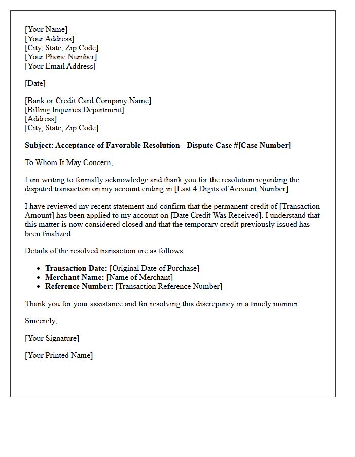 Favorable Resolution of Disputed Transaction Letter