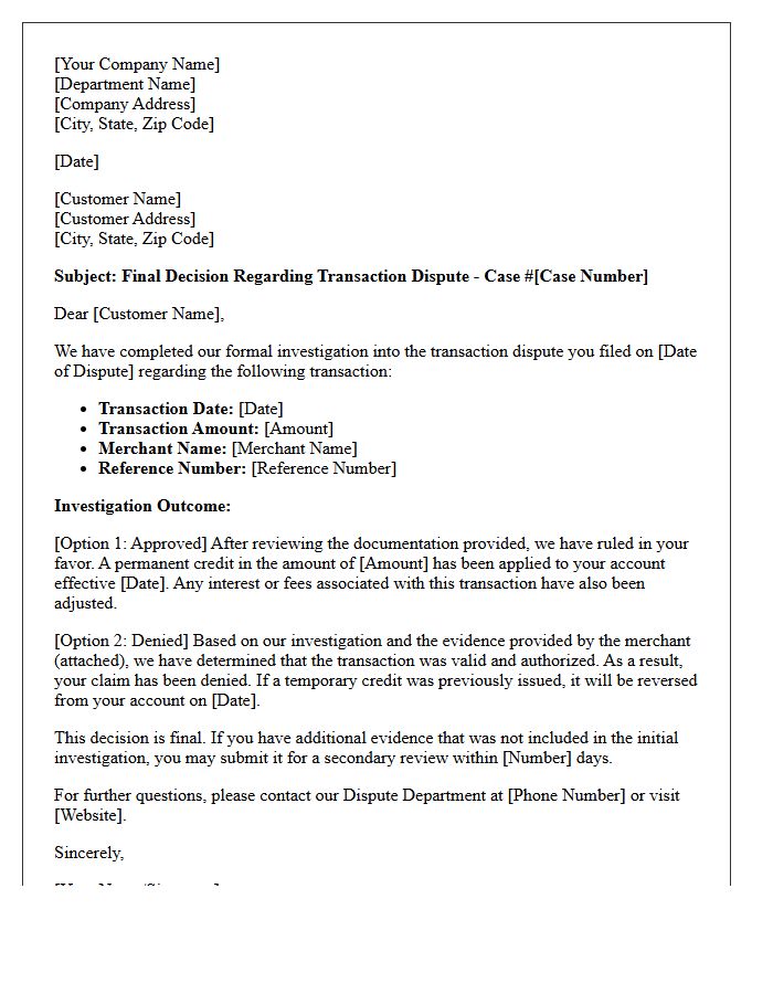 Final Decision on Transaction Dispute Letter