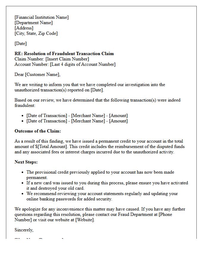 Fraudulent Transaction Claim Resolution Letter