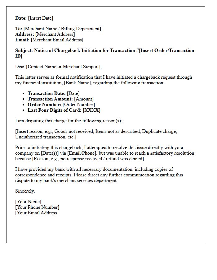 Notice of Chargeback Initiation Letter