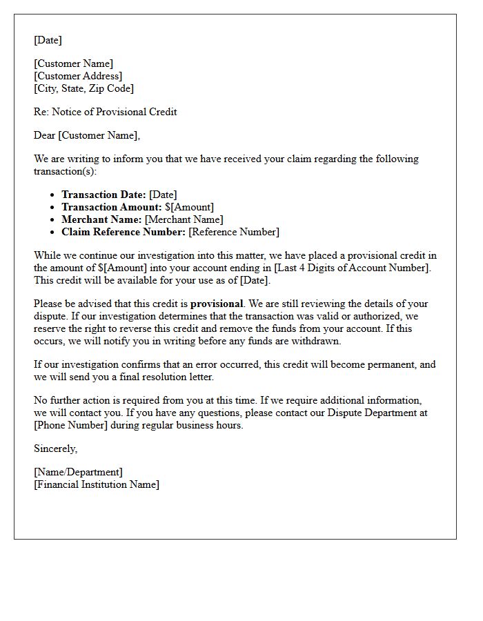 Provisional Credit Issuance Letter