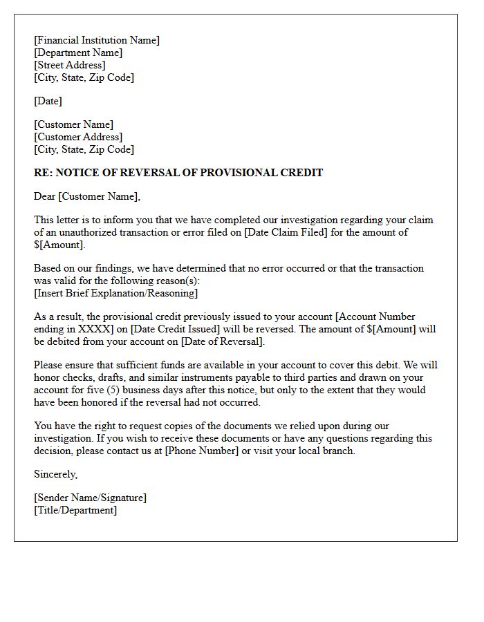 Reversal of Provisional Credit Letter