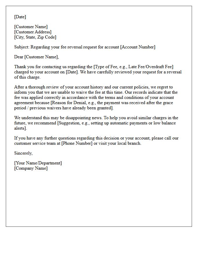 Account Fee Reversal Request Rejection Letter