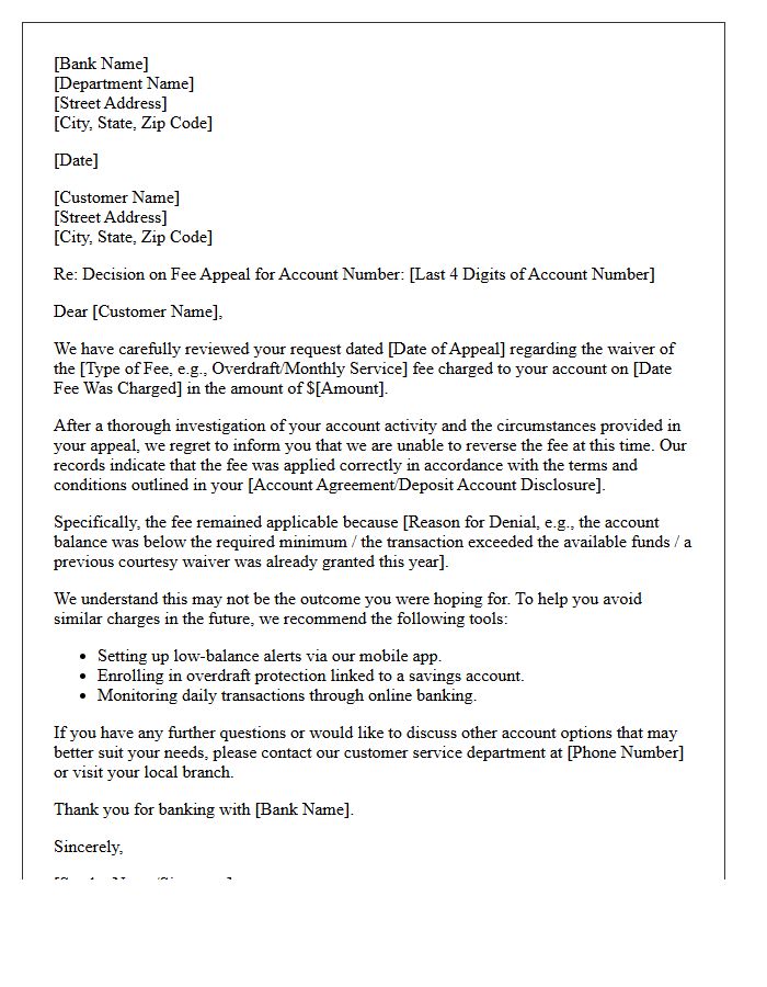 Banking Fee Appeal Denial Letter