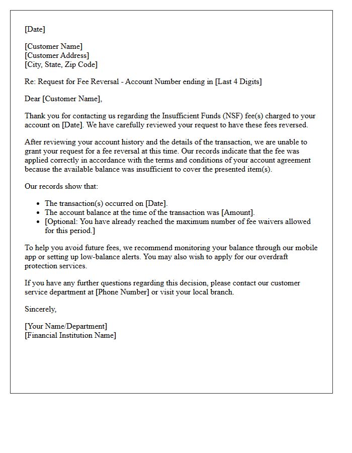 Insufficient Funds Fee Reversal Denial Letter
