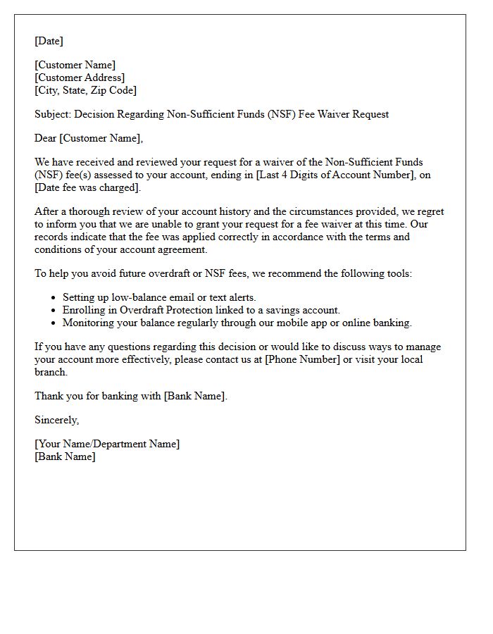 Letter of Denial for Non-Sufficient Funds Fee Waiver