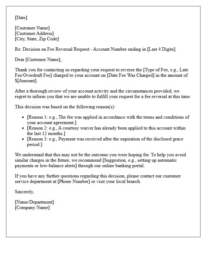 Letter of Notification for Fee Reversal Rejection