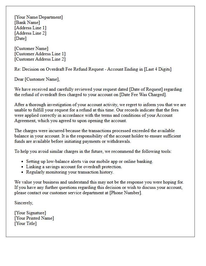 Letter of Refusal for Overdraft Penalty Refund