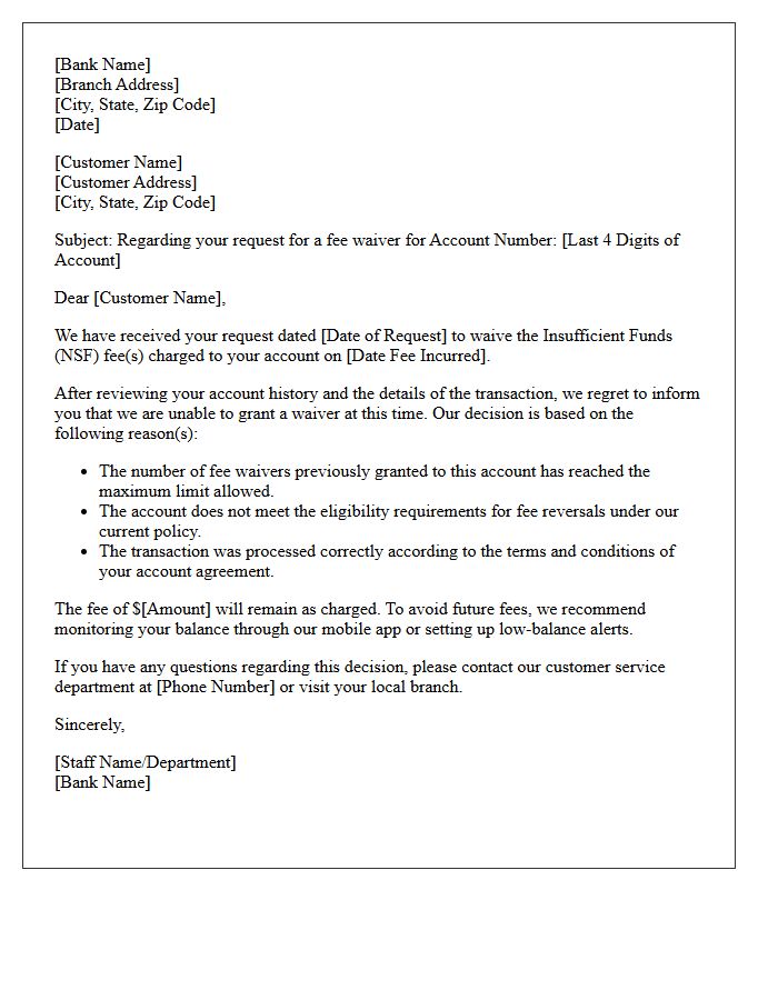 Unsuccessful Insufficient Funds Fee Waiver Letter