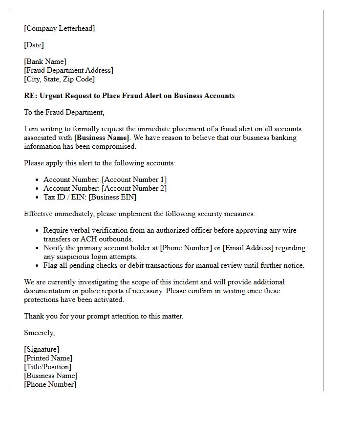 Business Banking Fraud Alert Placement Letter
