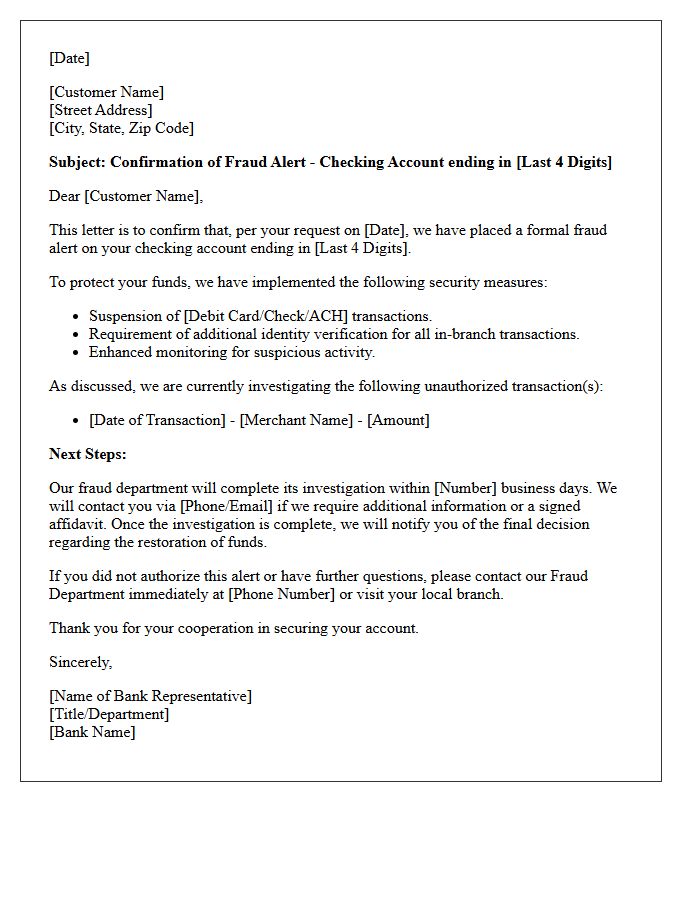 Checking Account Fraud Alert Confirmation Letter