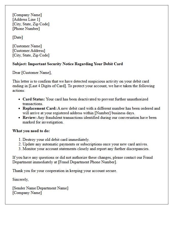 Compromised Debit Card Fraud Alert Confirmation Letter