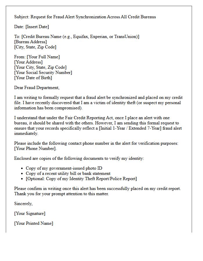 Credit Bureau Fraud Alert Synchronization Letter