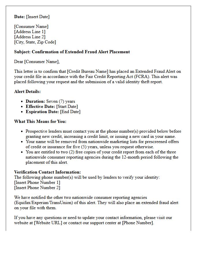 Extended Identity Theft Fraud Alert Confirmation Letter
