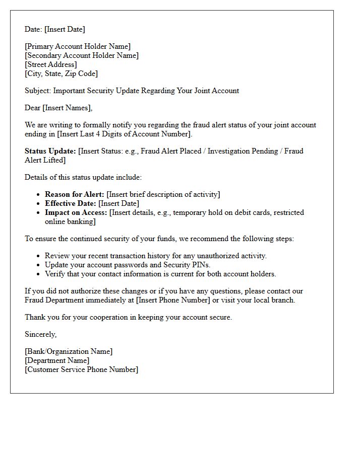 Joint Account Fraud Alert Status Notification Letter