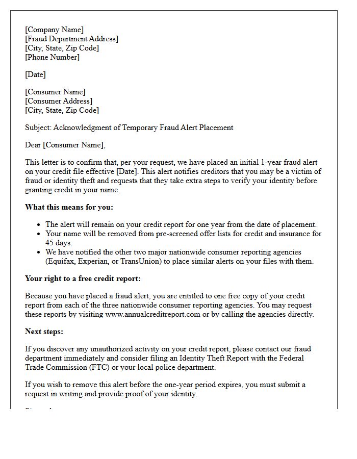 Temporary Fraud Alert Placement Acknowledgment Letter