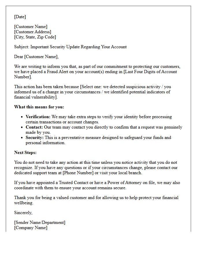 Vulnerable Customer Fraud Alert Placement Letter