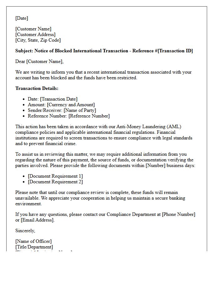 Anti-Money Laundering Compliance Blocked International Transaction Letter