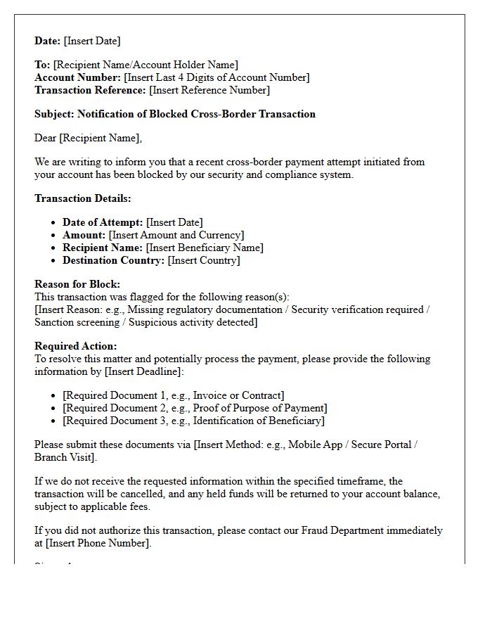 Cross-Border Payment Blocked Transaction Notification Letter