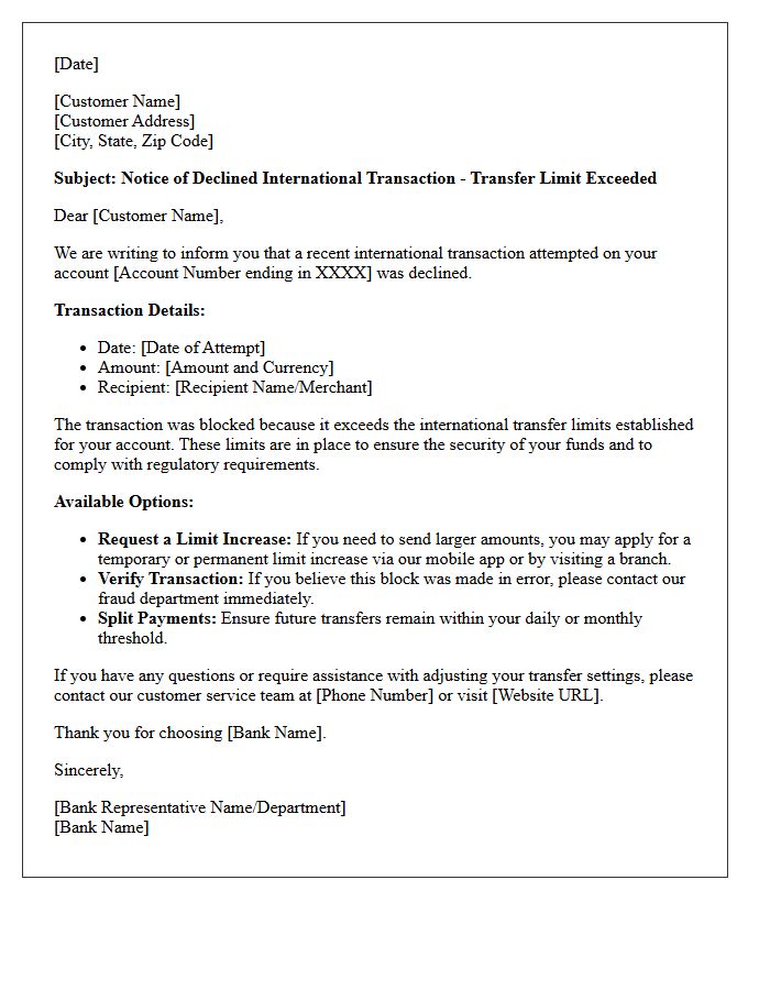 Exceeded Transfer Limits Blocked International Transaction Letter