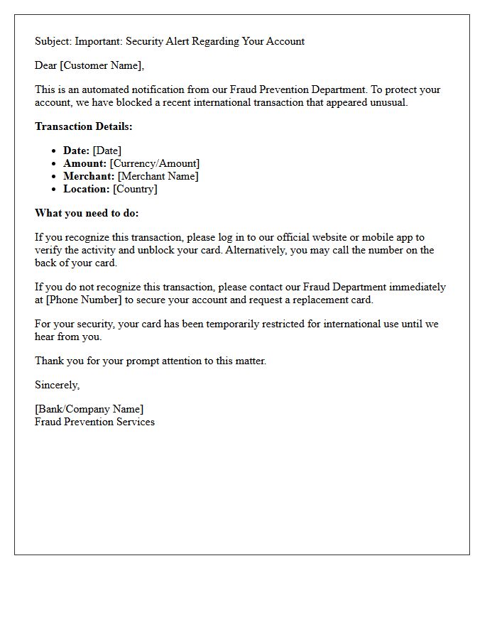 Fraud Prevention Blocked International Transaction Notification Letter