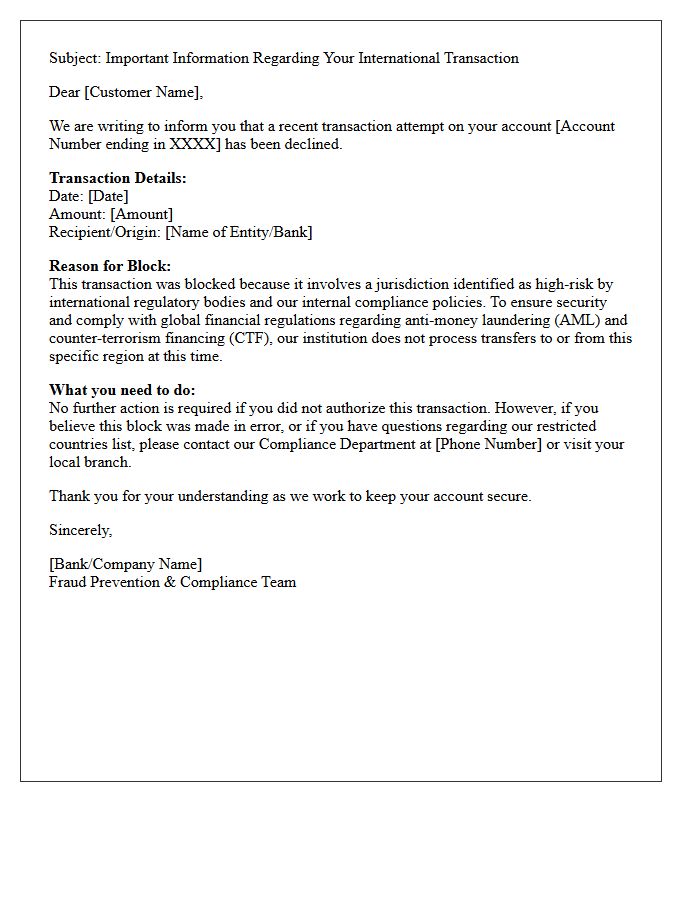 High-Risk Jurisdiction Blocked International Transaction Letter