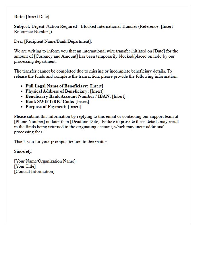 Letter Concerning Blocked International Transfer Due to Missing Beneficiary Details