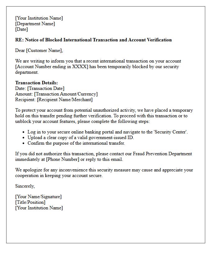 Letter of Blocked International Transaction Pending Account Verification