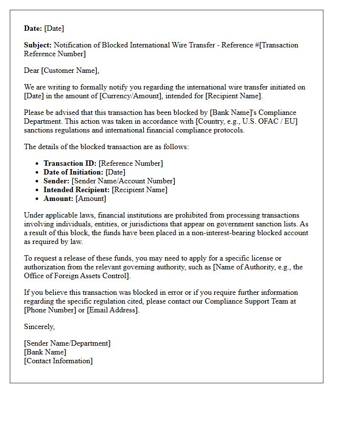 Letter of Notification for Blocked International Wire Transfer Due to Sanctions Compliance