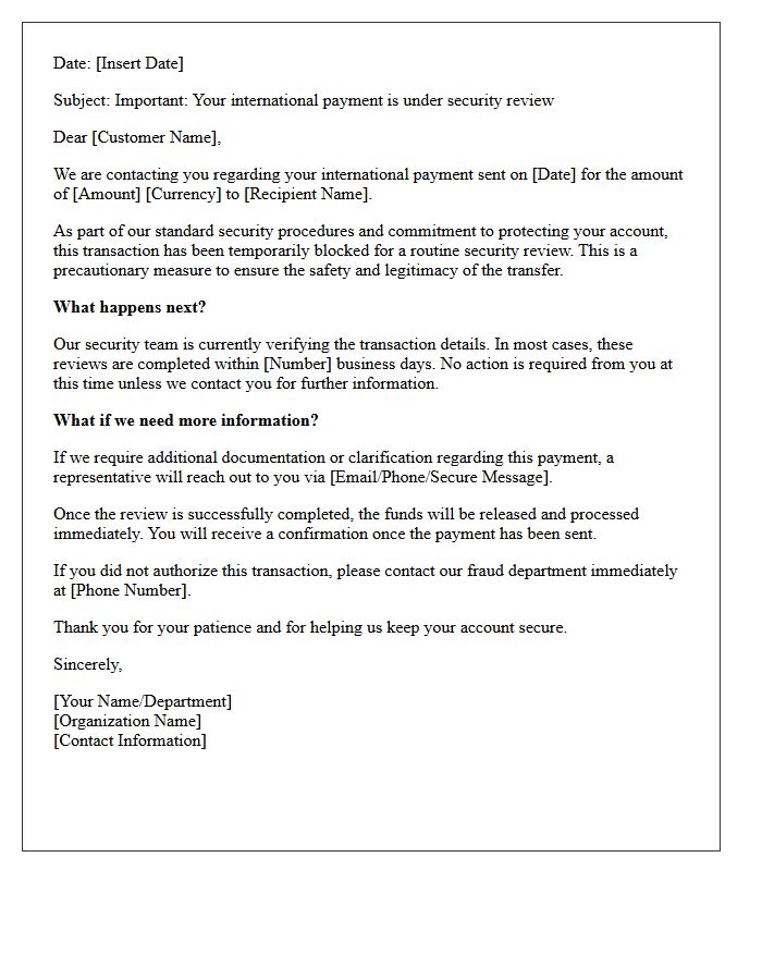 Letter of Temporarily Blocked International Payment for Security Review
