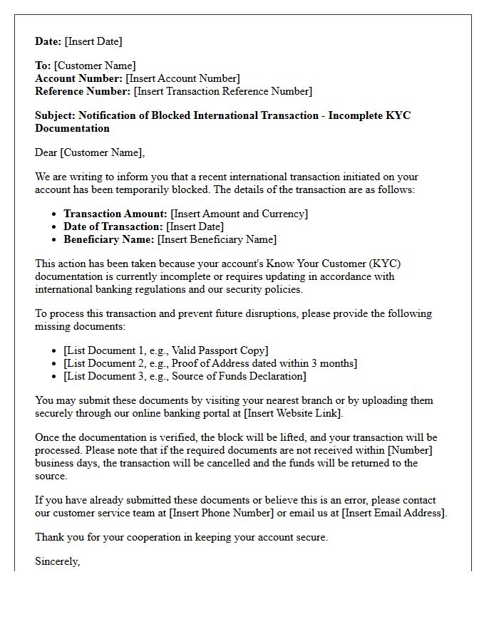 Letter Regarding Blocked International Transaction for Incomplete KYC Documentation