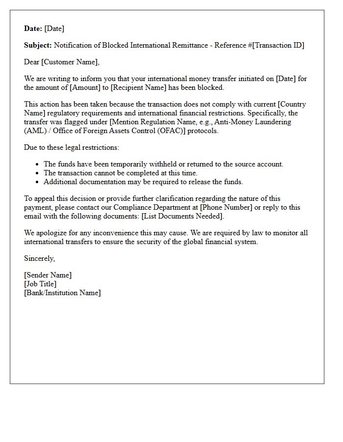Regulatory Restriction Blocked International Remittance Notification Letter