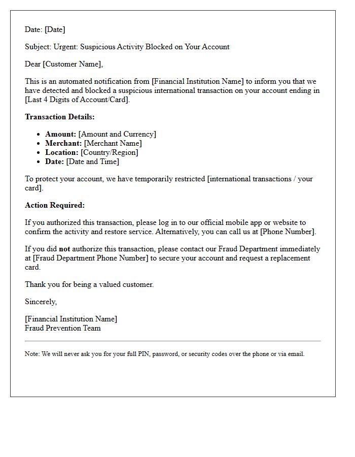 Suspicious Activity Blocked International Transaction Alert Letter