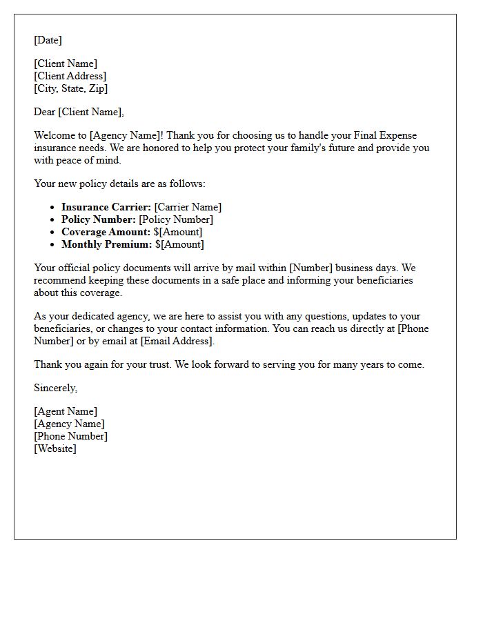 Agency Welcome Letter for New Final Expense Clients