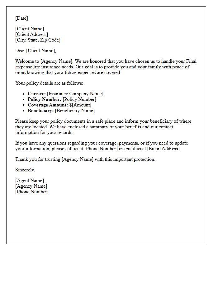 Final Expense Policy Welcome Letter from Our Agency