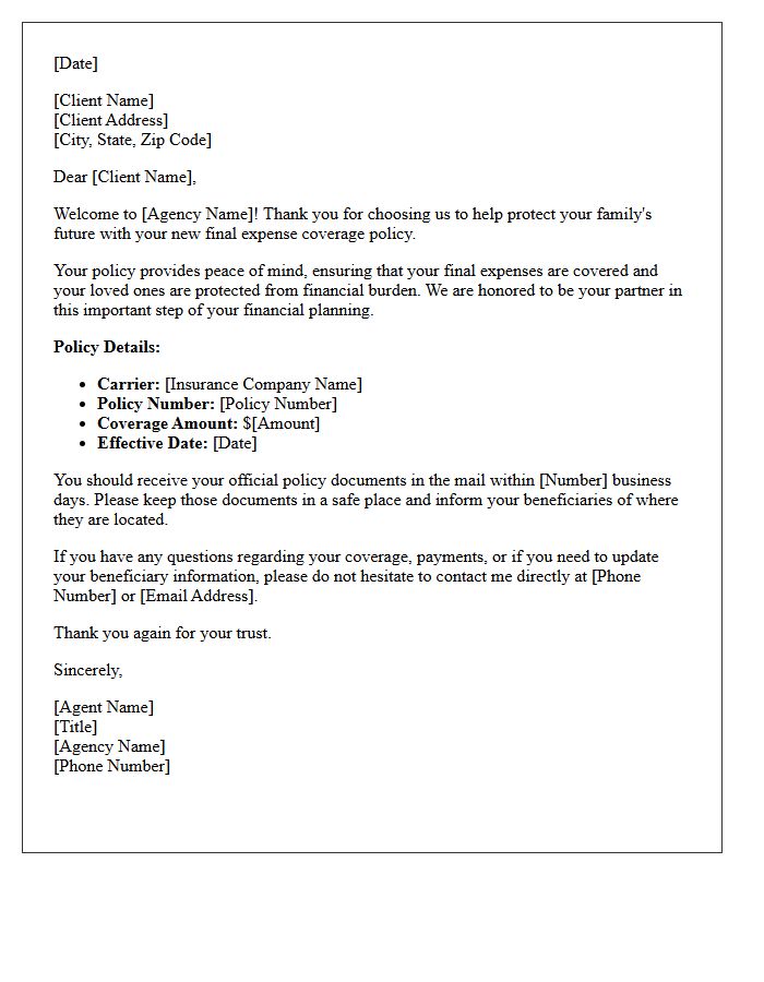 New Client Welcome Letter for Final Expense Coverage