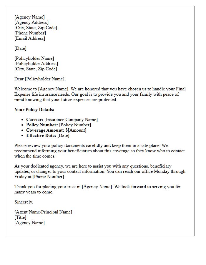 Official Agency Welcome Letter for Final Expense Policyholders