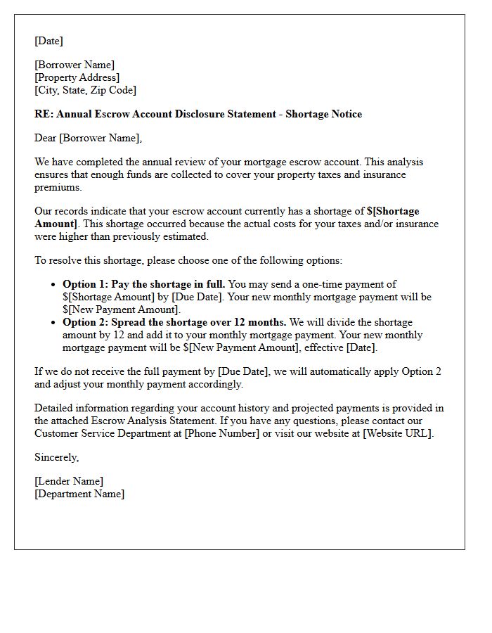 Annual Escrow Account Shortage Adjustment Letter