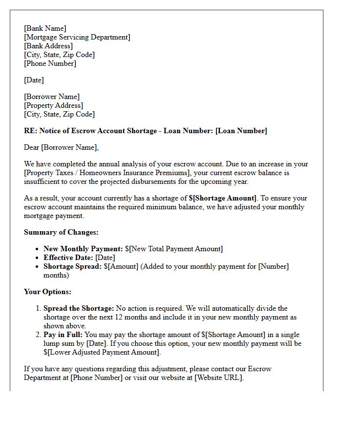 Automated Escrow Shortage Adjustment Banking Letter