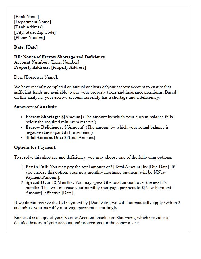 Banking Escrow Deficiency and Shortage Notice Letter