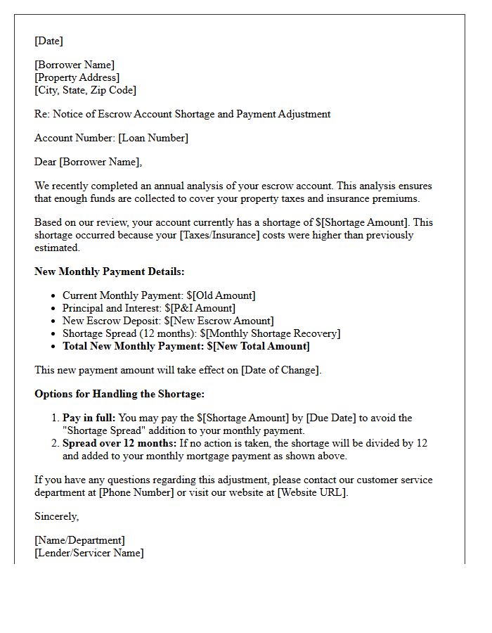 Escrow Account Shortage Monthly Installment Adjustment Letter