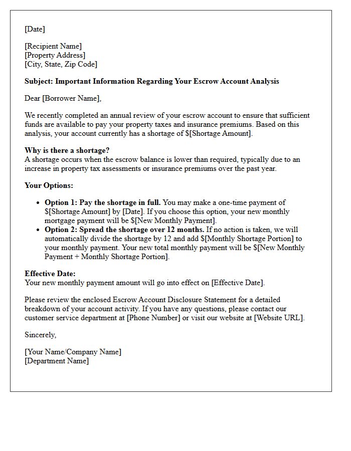 Escrow Analysis Shortage Adjustment Informational Letter