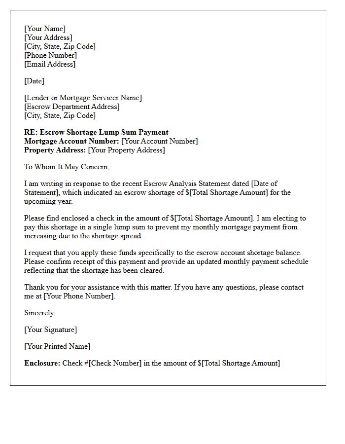 Escrow Shortage Adjustment Lump Sum Payment Letter